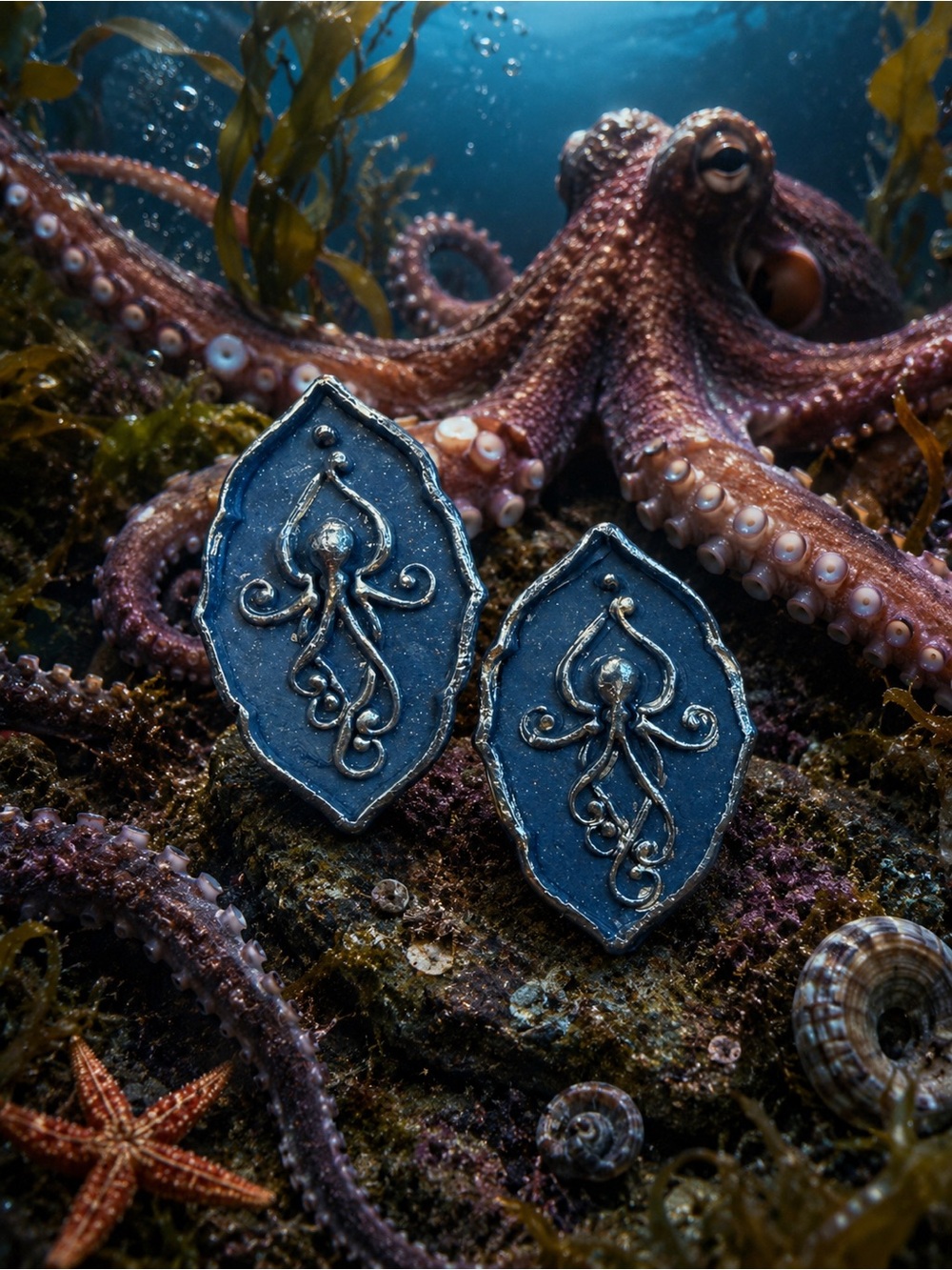 Octopus Shield Handmade Polymer Clay Earrings — Navy Blue and Silver